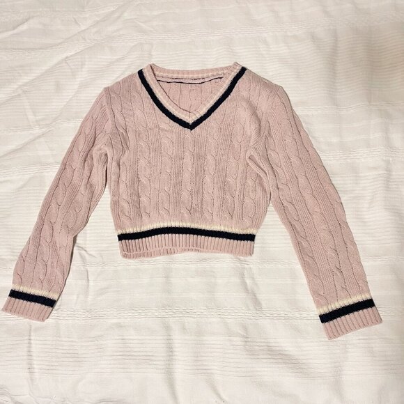 Cropped Cable Knit V-Neck Sweater Pink Navy - XS - Picture 8 of 12
